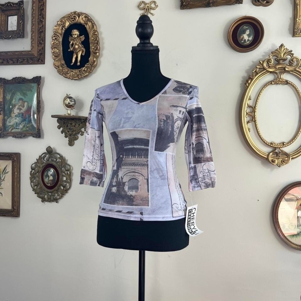 Cheryl Creations Paris Toile Newsprint Mesh Top Size Small White Grey Nylon
